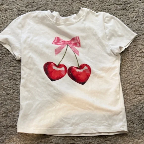 Edikted White Crop Top with Red Cherry Graphic and Pink Bow - Picture 1 of 1